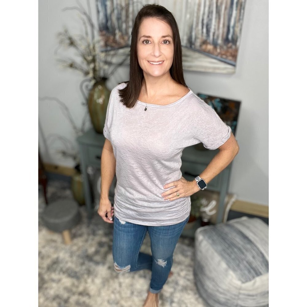 Wide Boat Neck Dolman Gauze Rolled Sleeve Ruched Sides Tunic Top Light Gray 0123